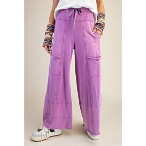 "Elora" French Terry Cargo Wide Leg Pants in Orchid